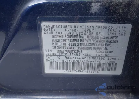 2019 Nissan Sentra Sv from USA, damaged, VIN 3N1AB7AP6KY273345